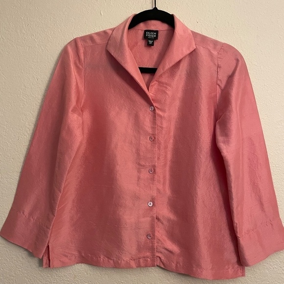 EILEEN FISHER Petite Women's Textured Crinkle 100% Silk 3/4 Sleeve Button Top PP - Picture 5 of 13